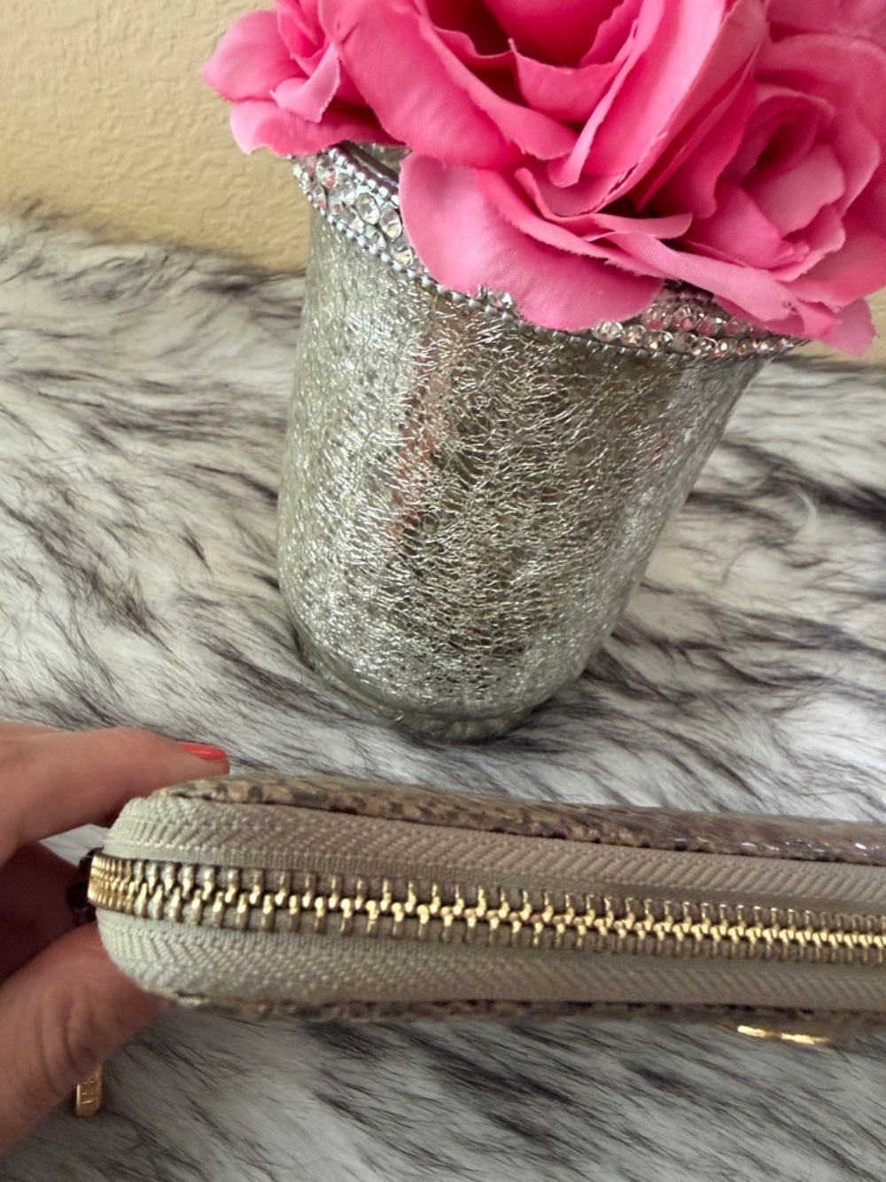 Tory Burch Python-Embossed Continental Zip Wallet in Taupe and Gold - Picture 6 of 10
